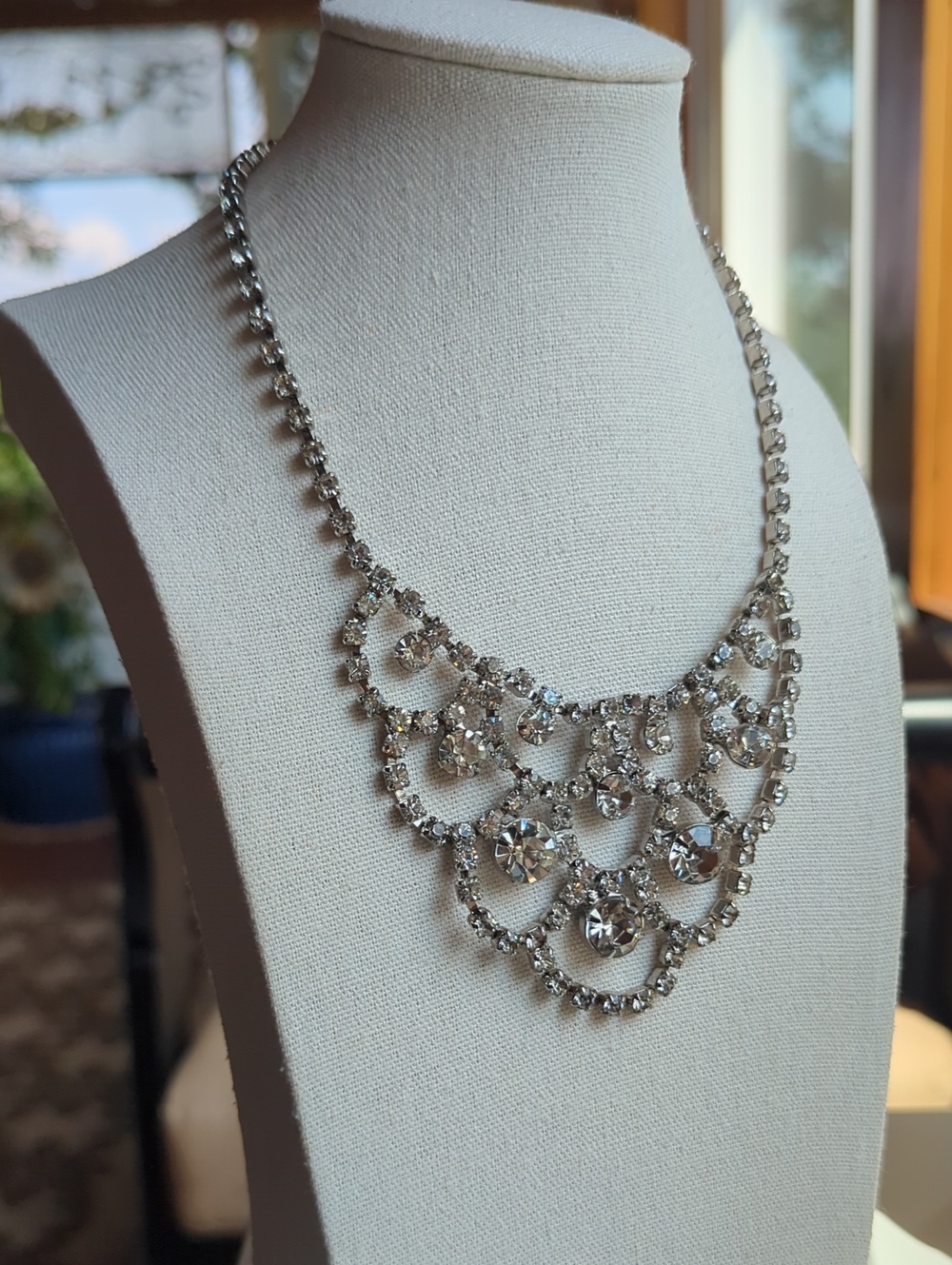 Rhinestone Statement Necklace - Silver Tone - 14"